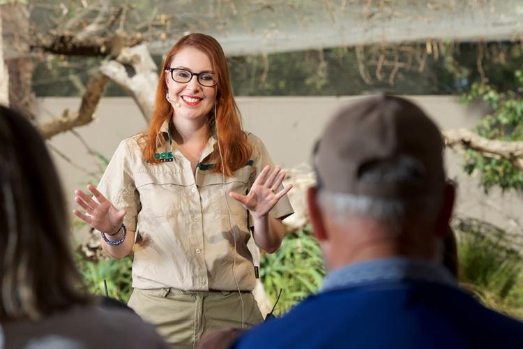 Staff member talking to group of people